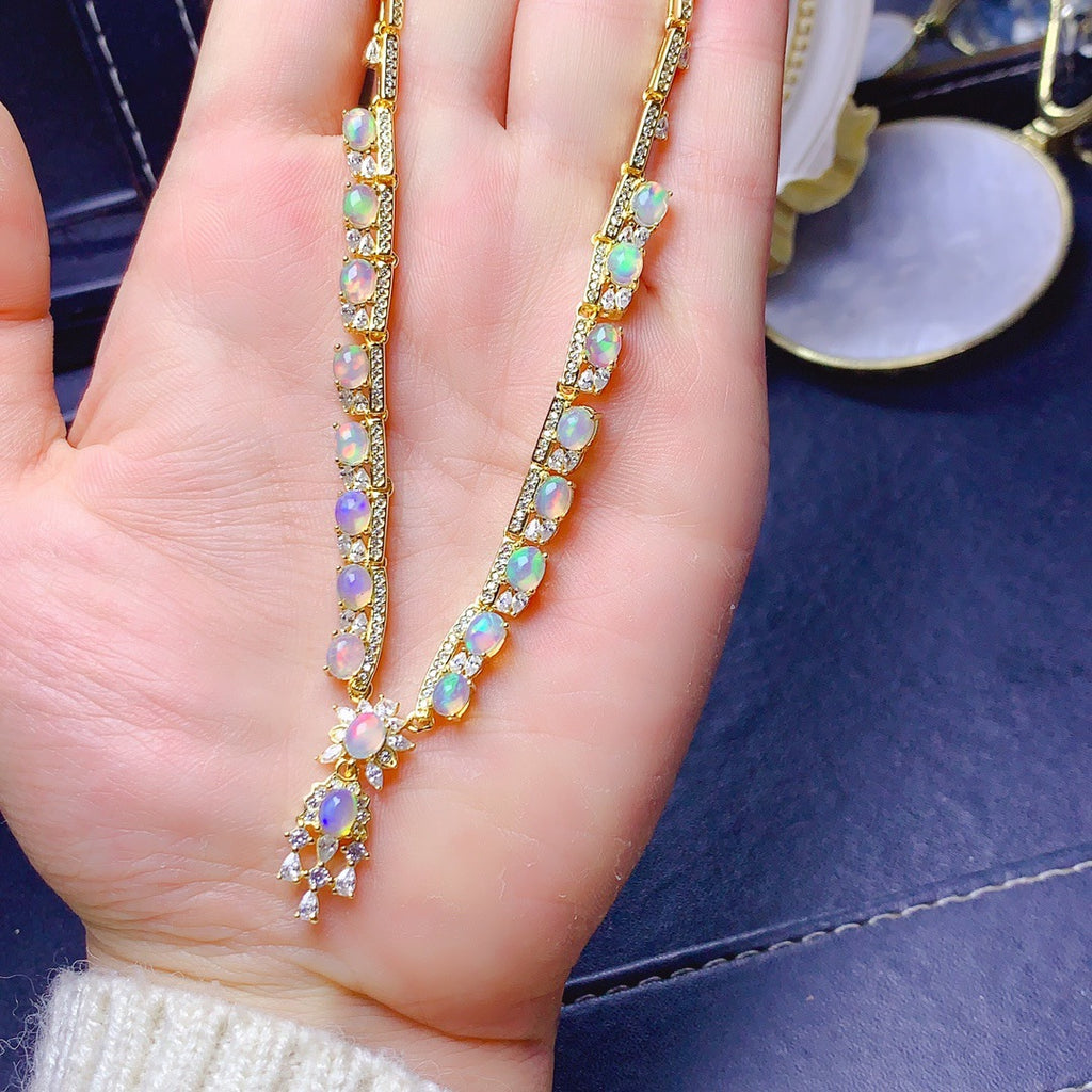 S925 Sterling Silver Inlaid Natural 4*5mm Opal Luxury Necklace
