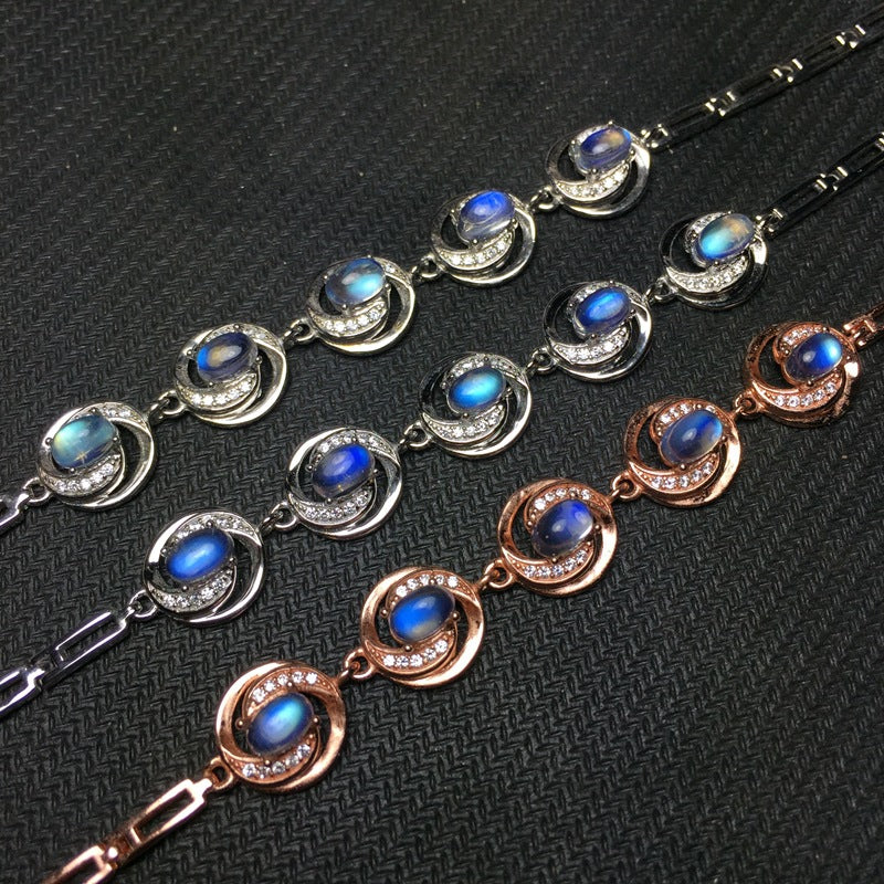Natural Blue Moonstone Bracelet 925 Sterling Silver Inlaid Craft Glass Blue Moonstone