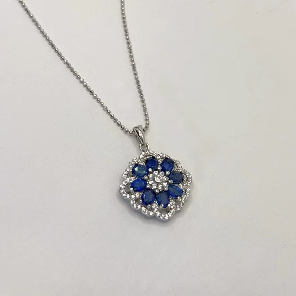 Elegant Light Luxury Natural Burned Sapphire Pendant Women's Flower Shape Diamond S925 Silver Pendant