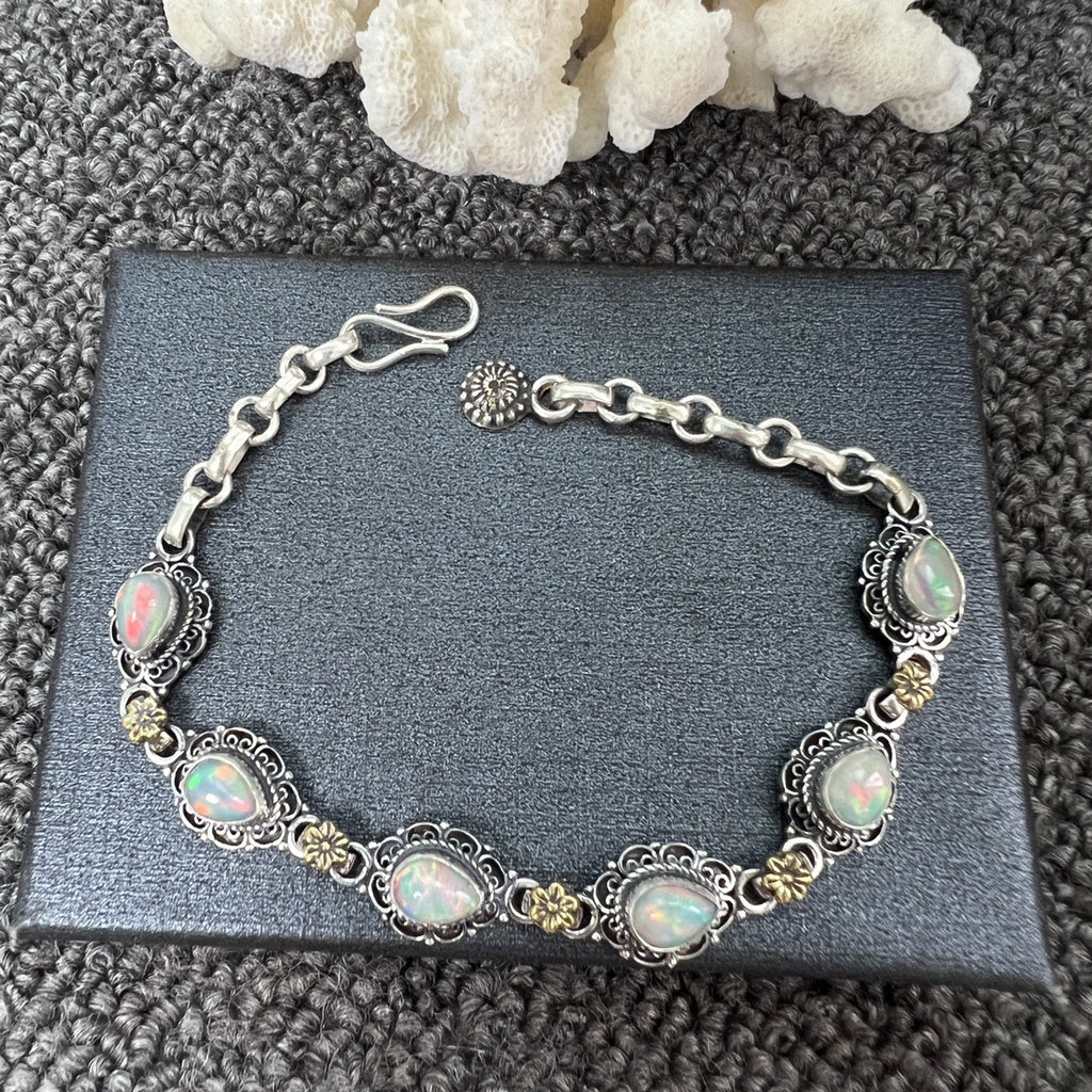 Nepal Handmade 925 Inlaid Yellow Crystal Ruby Amethyst Opal Stone Vintage Bracelet