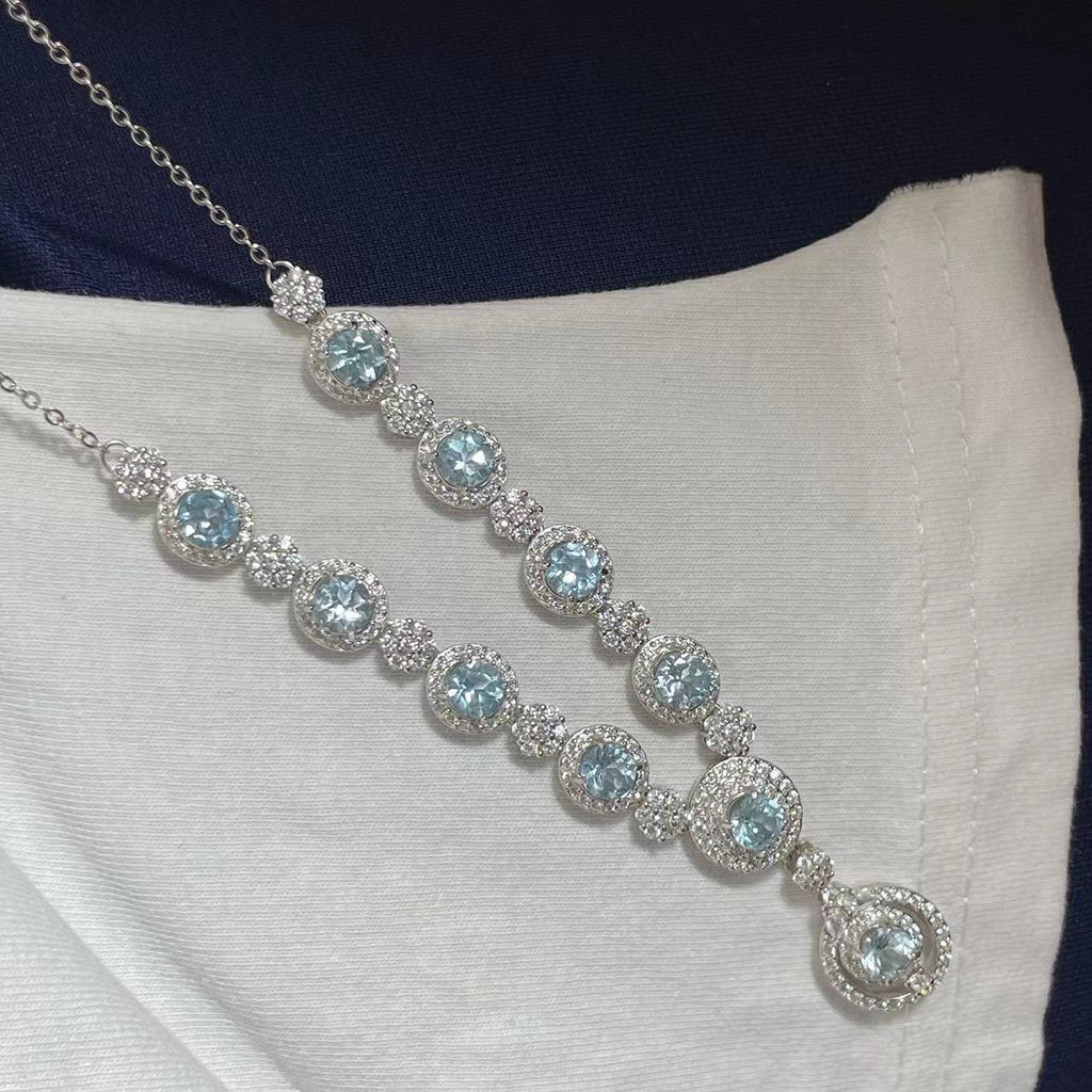 Luxury Necklace Collarbone Chain S925 Silver Inlaid with Natural Magnesia Garnet Aquamarine Diopside Multi-Gemstone Chain