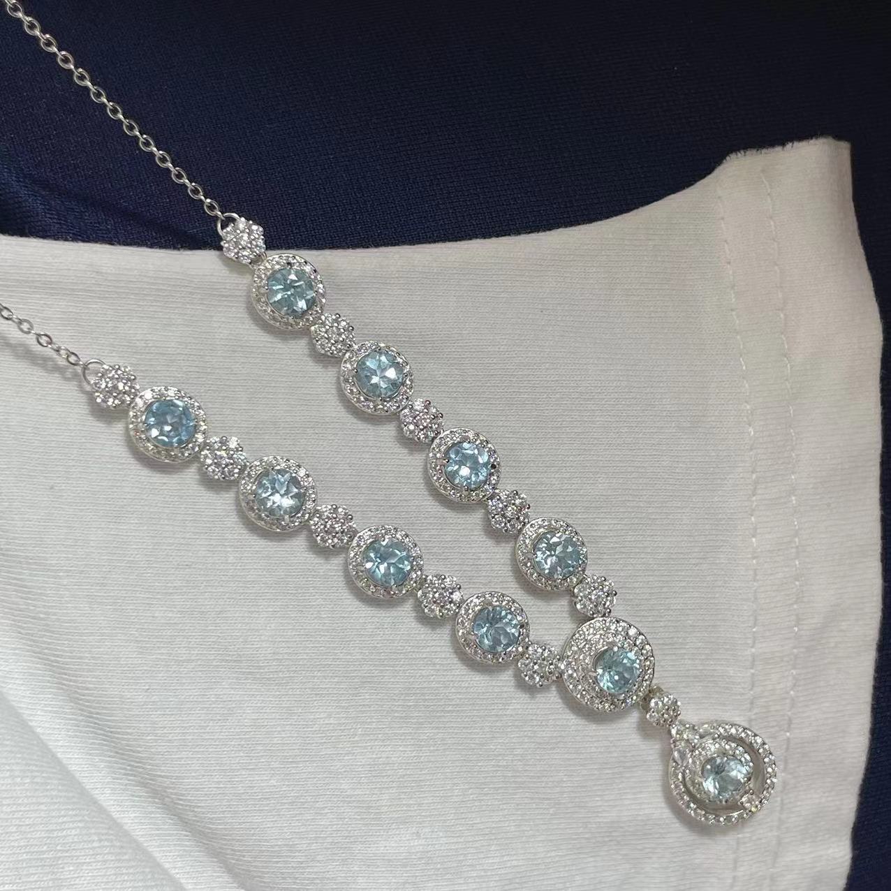 Luxury Necklace Collarbone Chain S925 Silver Inlaid with Natural Magnesia Garnet Aquamarine Diopside Multi-Gemstone Chain