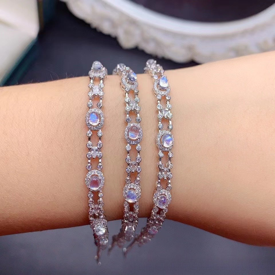 Moonstone Bracelet French Retro Style 925 Silver Fine Craft Inlaid Natural Gemstone Jewelry