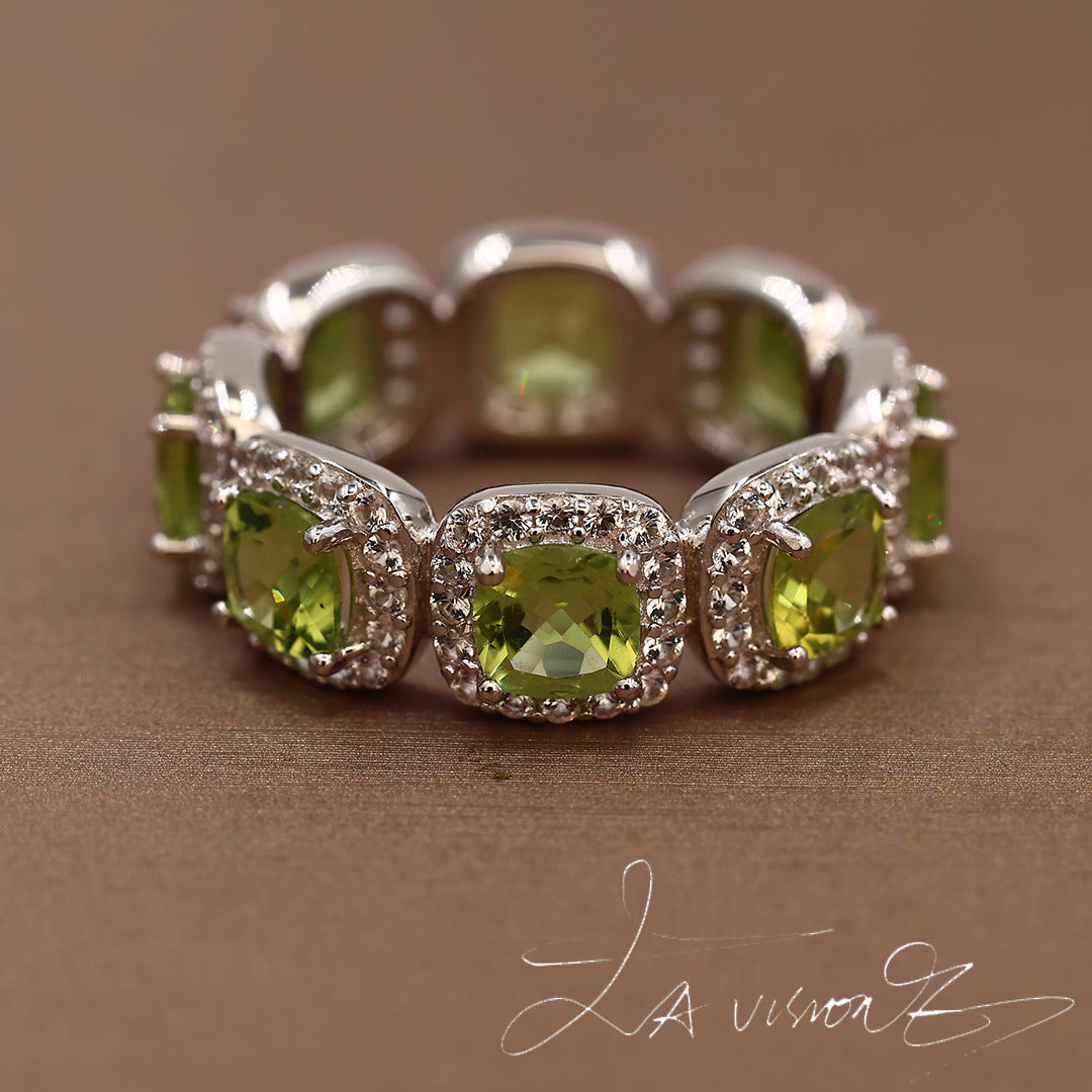 925 Silver Inlaid Natural Peridot Synthetic White Sapphire Ring