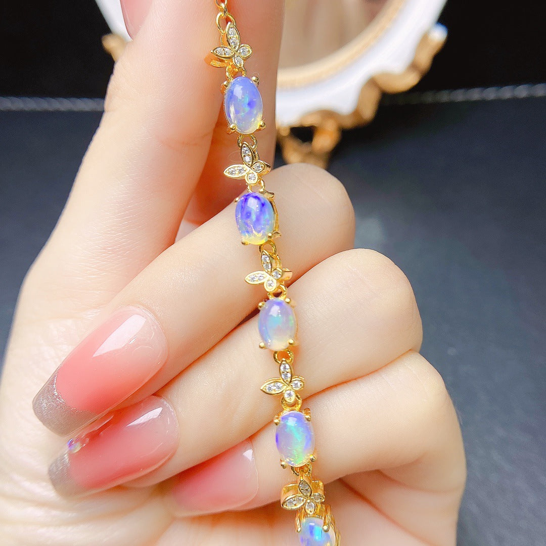 S925 Silver Inlaid Main Stone 5*7 Natural White Opal Bracelet