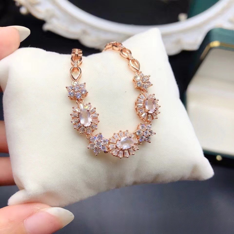 Natural Pink Crystal Bracelet Sakura Pink 925 Sterling Silver Fine Quality Crystal Hand Jewelry