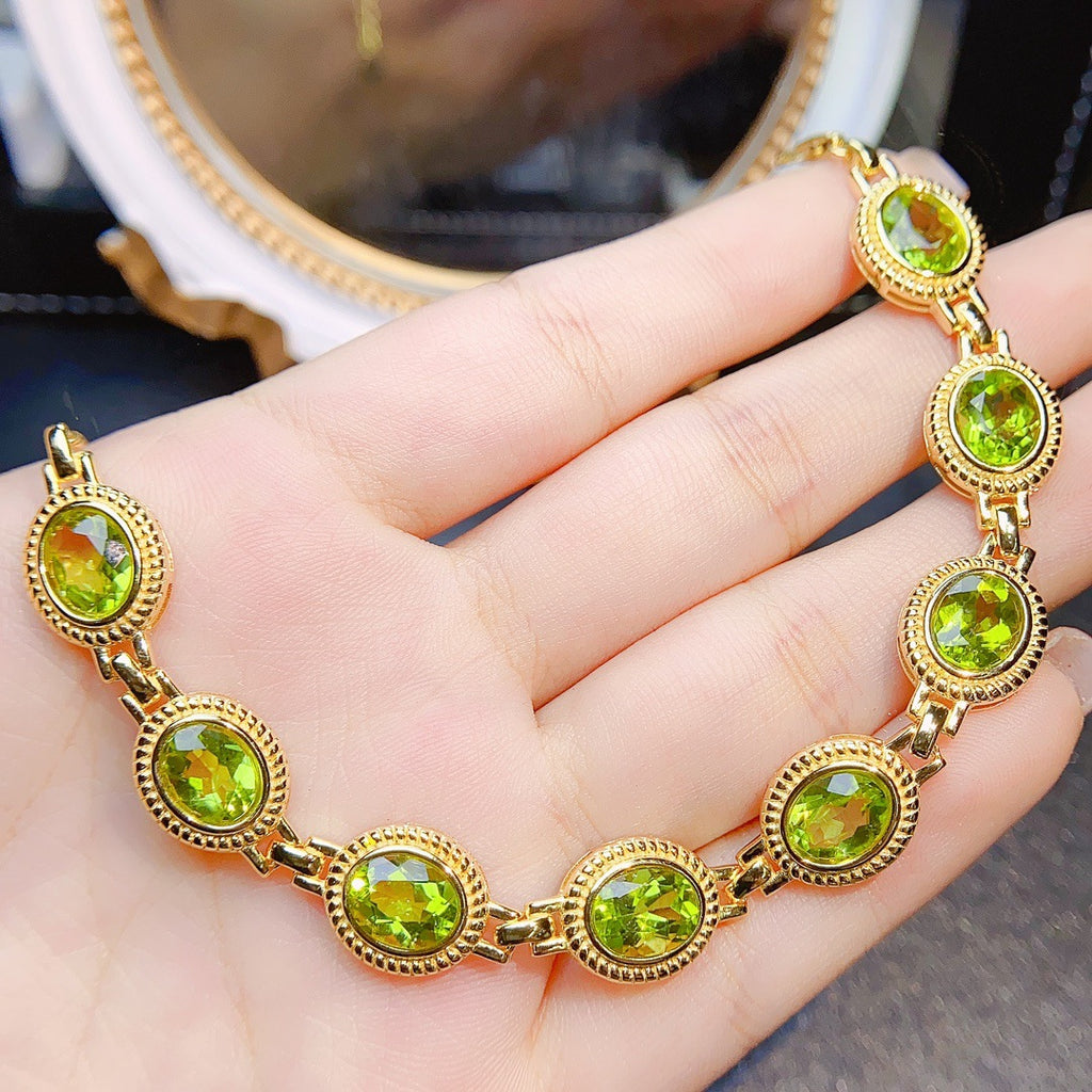 S925 Silver Inlaid Main Stone 6*8 Natural Peridot Bracelet