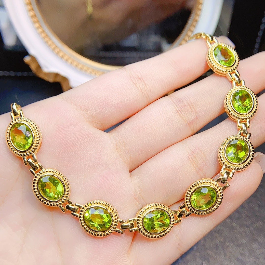 S925 Silver Inlaid Main Stone 6*8 Natural Peridot Bracelet