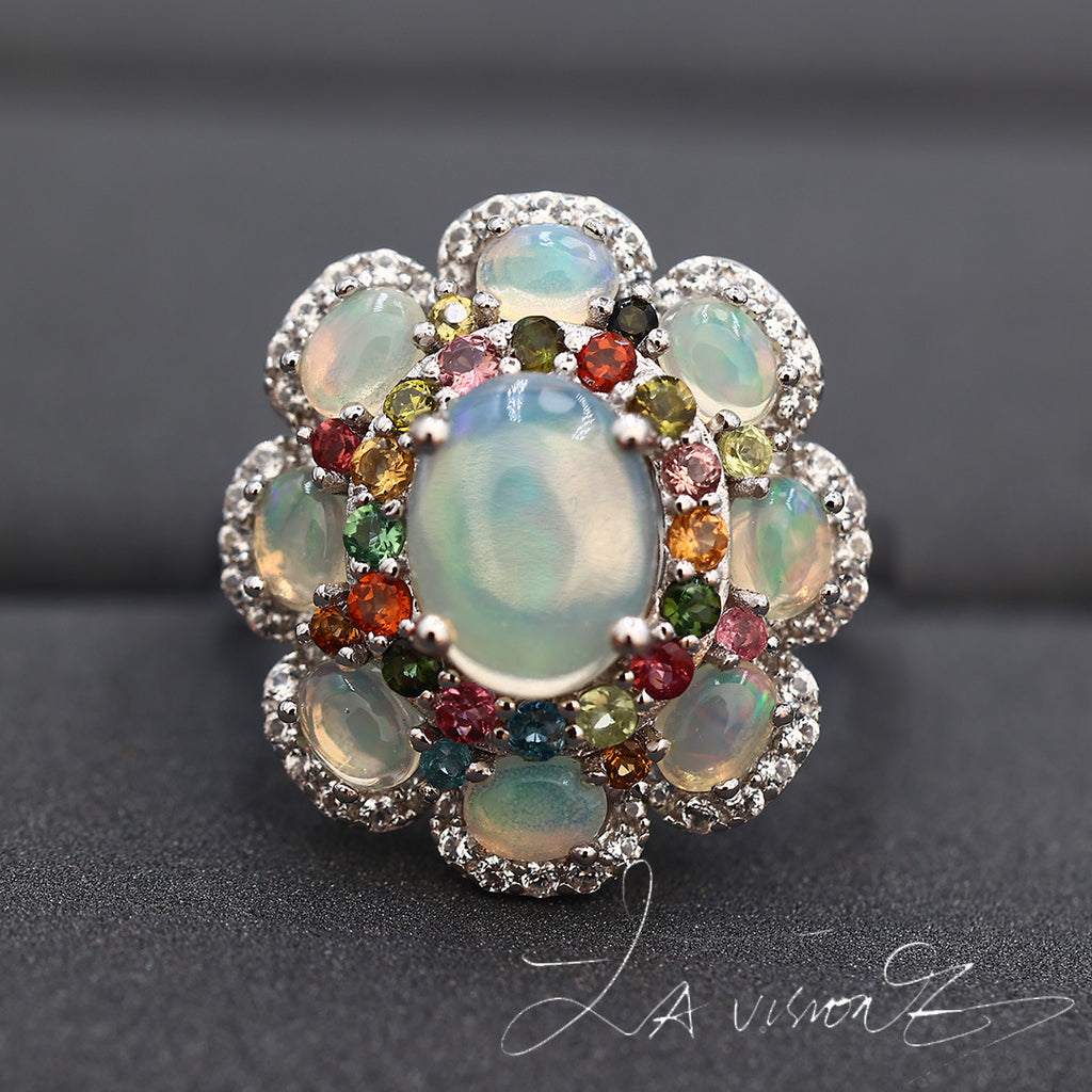 S925 Inlaid Natural Opal Natural Tourmaline Synthetic White Sapphire Ring