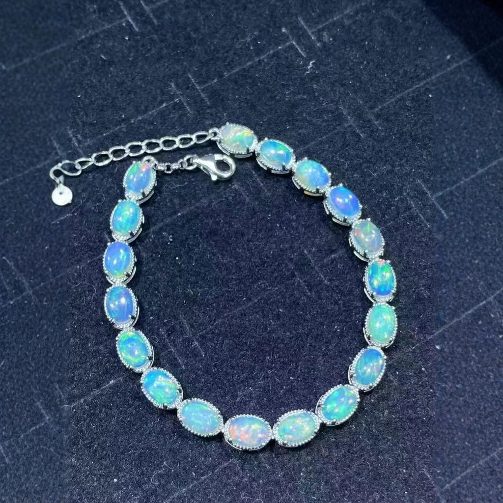 Natural Premium Opal S925 Sterling Silver Bracelet 4x6 18 Pieces Fashionable Light Luxury Colorful Gem Single Circle Bracelet