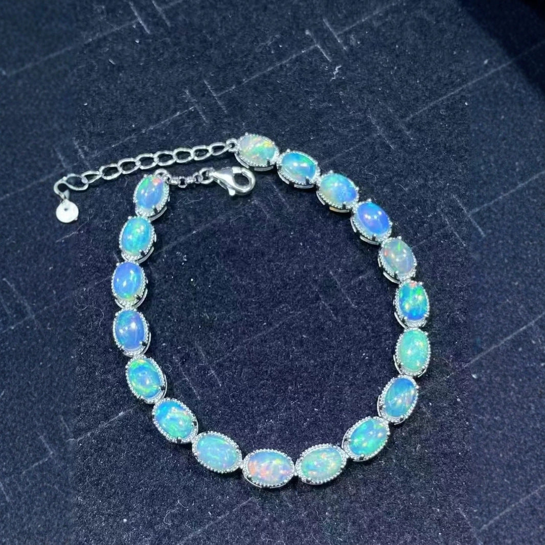 Natural Premium Opal S925 Sterling Silver Bracelet 4x6 18 Pieces Fashionable Light Luxury Colorful Gem Single Circle Bracelet