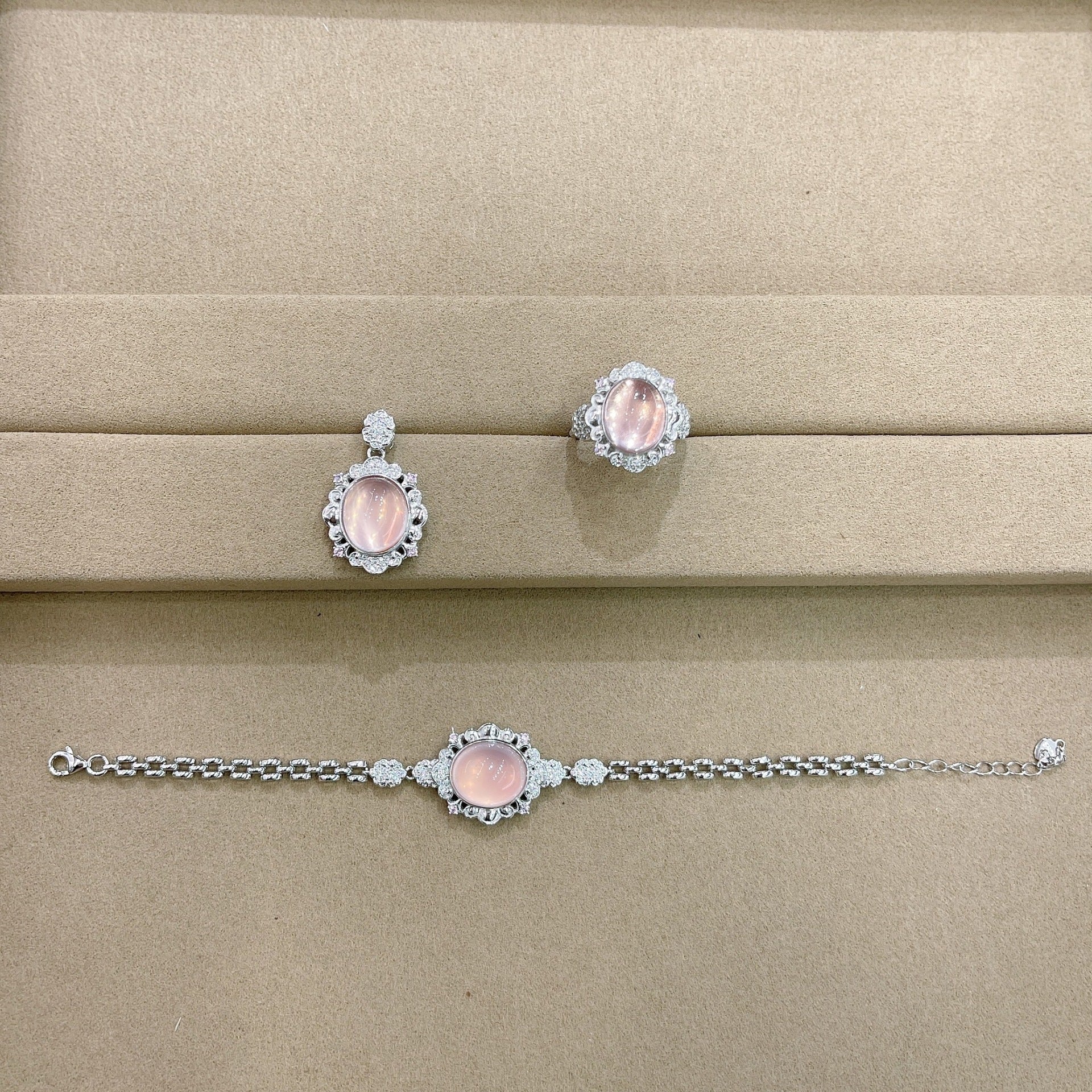 S925 Silver Plated 18K Gold Natural Design Sense Starlight Pink Crystal Set