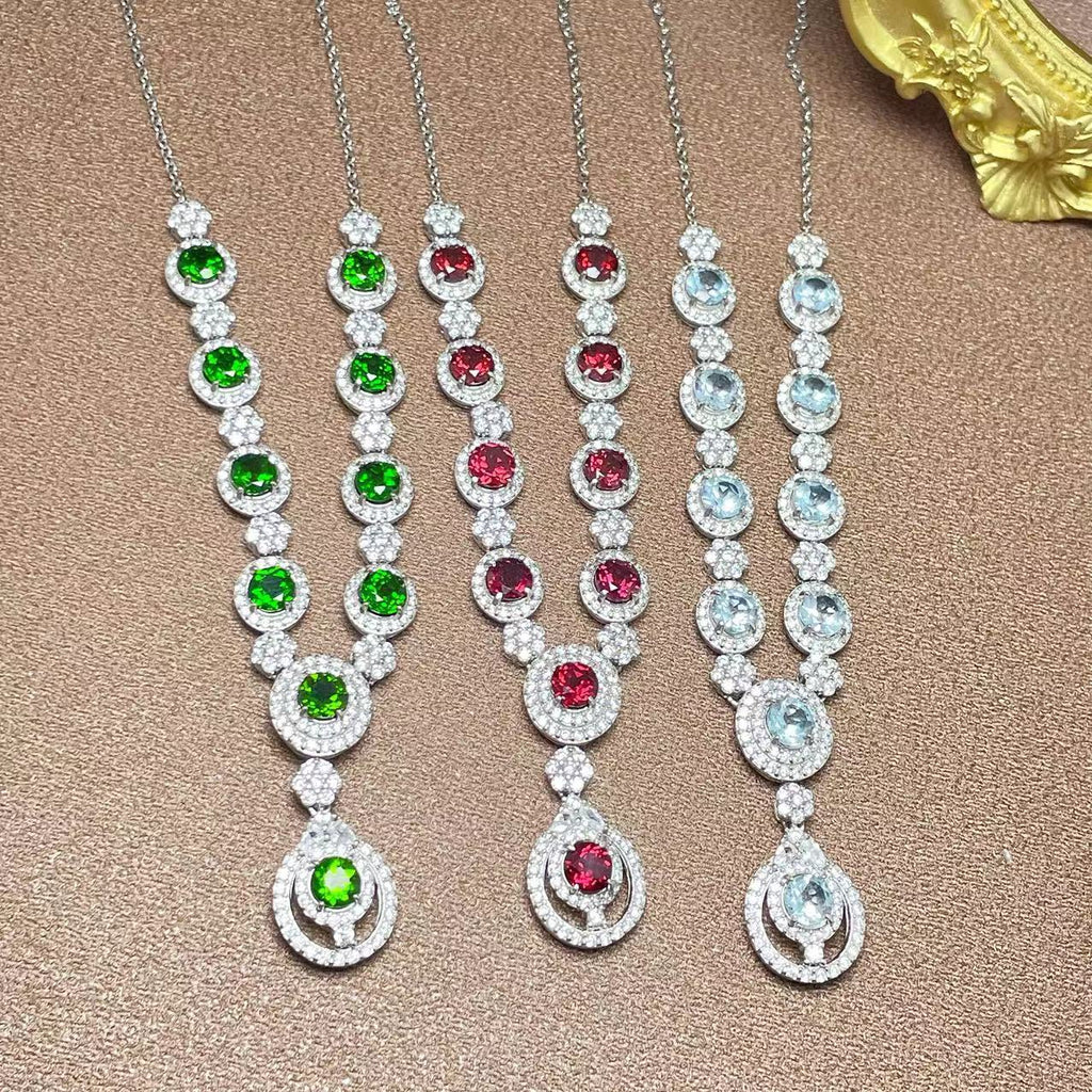 Luxury Necklace Collarbone Chain S925 Silver Inlaid with Natural Magnesia Garnet Aquamarine Diopside Multi-Gemstone Chain