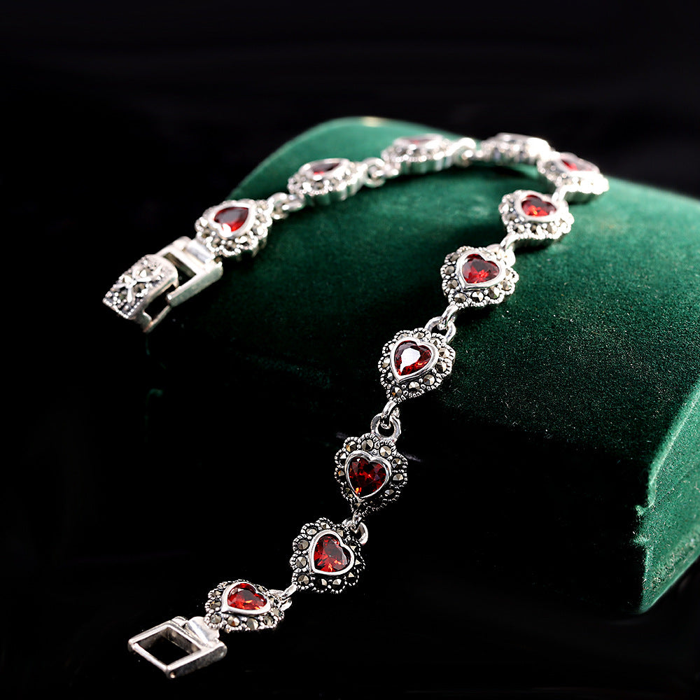S925 Silver Jewelry Heart-Shaped Garnet Bracelet Versatile Women's Bracelet