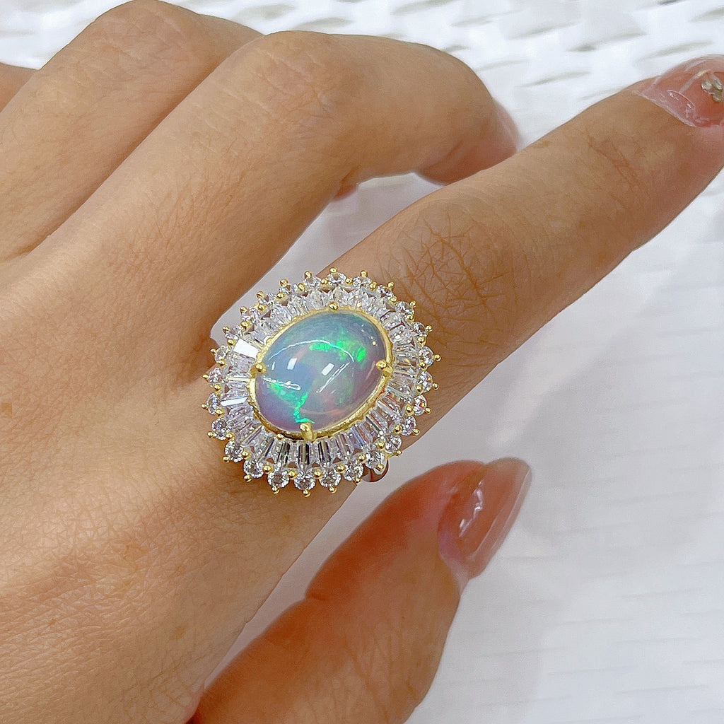 S925 Silver Plated Main Stone 10*14mm Two-tone Inlaid Opal Ring Autumn New Model