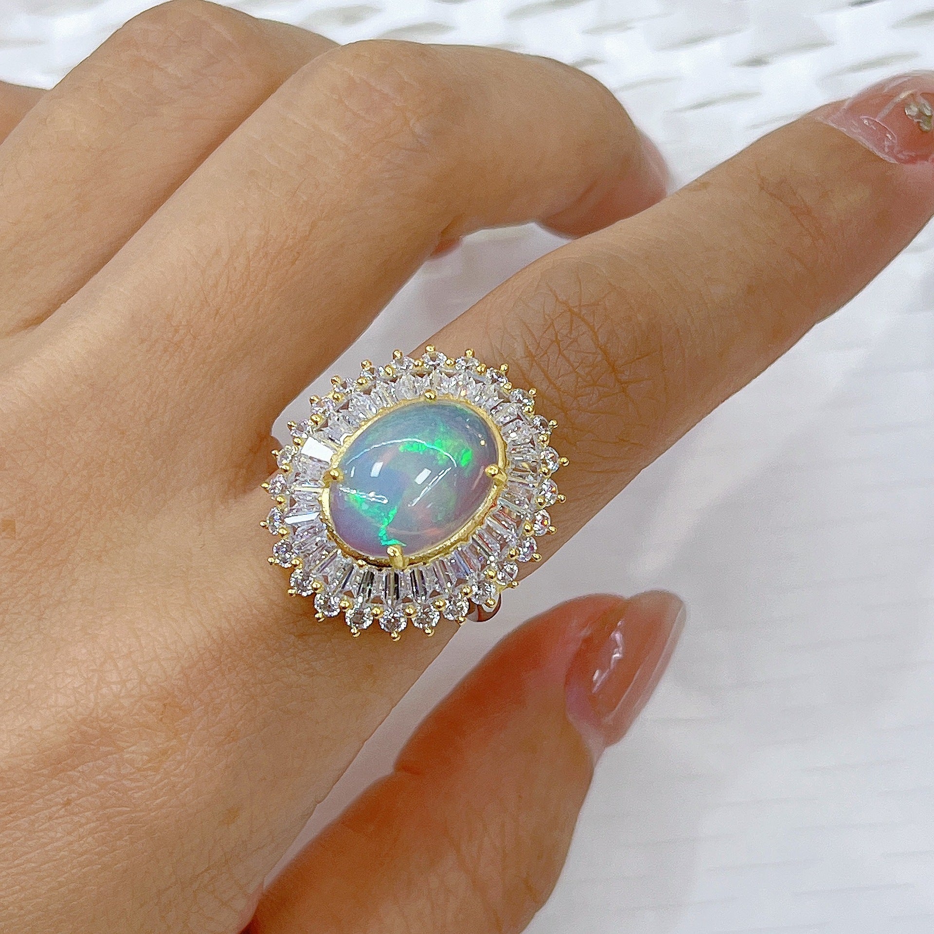 S925 Silver Plated Main Stone 10*14mm Two-tone Inlaid Opal Ring Autumn New Model