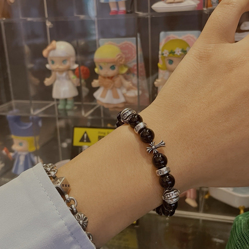 Male and Female Couples Domineering Hip-Hop Style Personality Punk 8mm Obsidian Bracelet