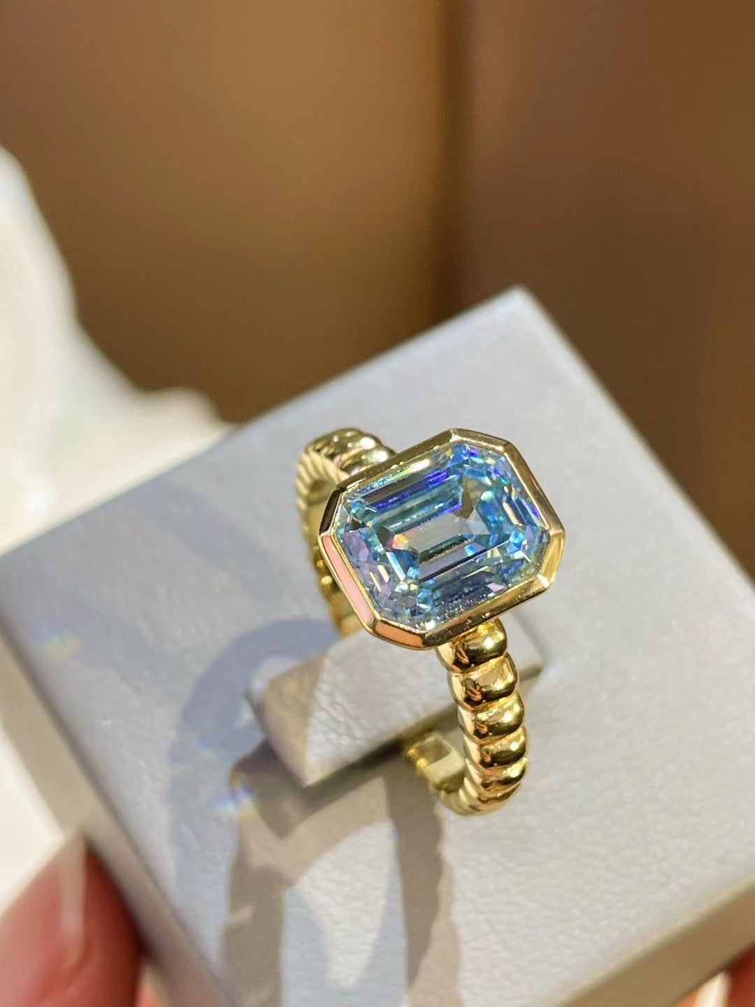 925 Silver Gold Plated High Carbon Diamond Asscher Aquamarine T Square Ring