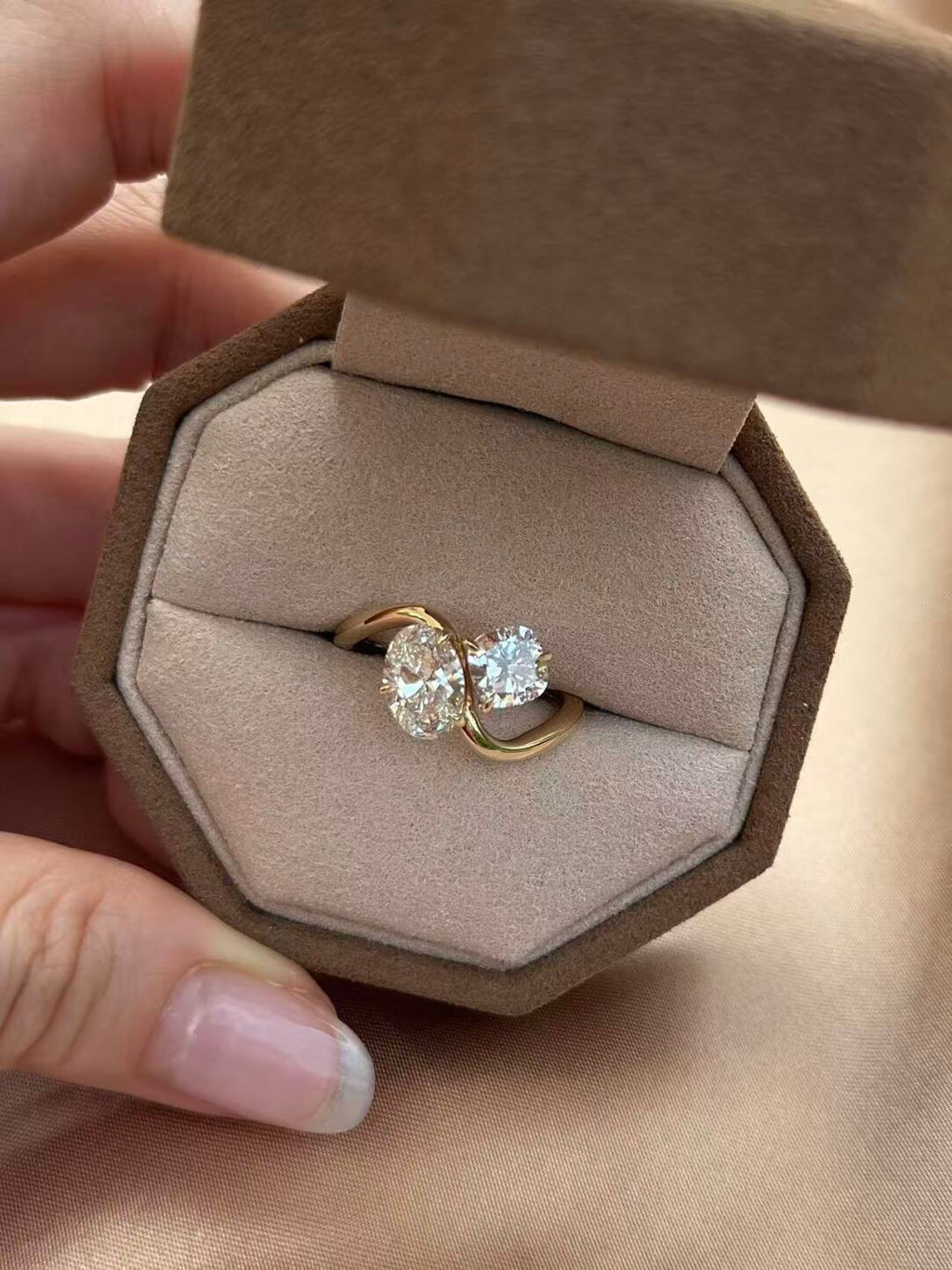 Double Stone Twist Arm Cultivated Diamond Ring Main Stone 1.22ct + Secondary Stone 1.01ct