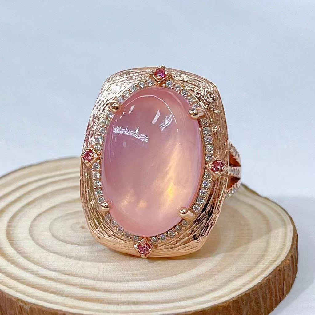 S925 Silver Plated Rose Gold Inlaid Main Stone 15*21mm Natural Rose Quartz Open Ring