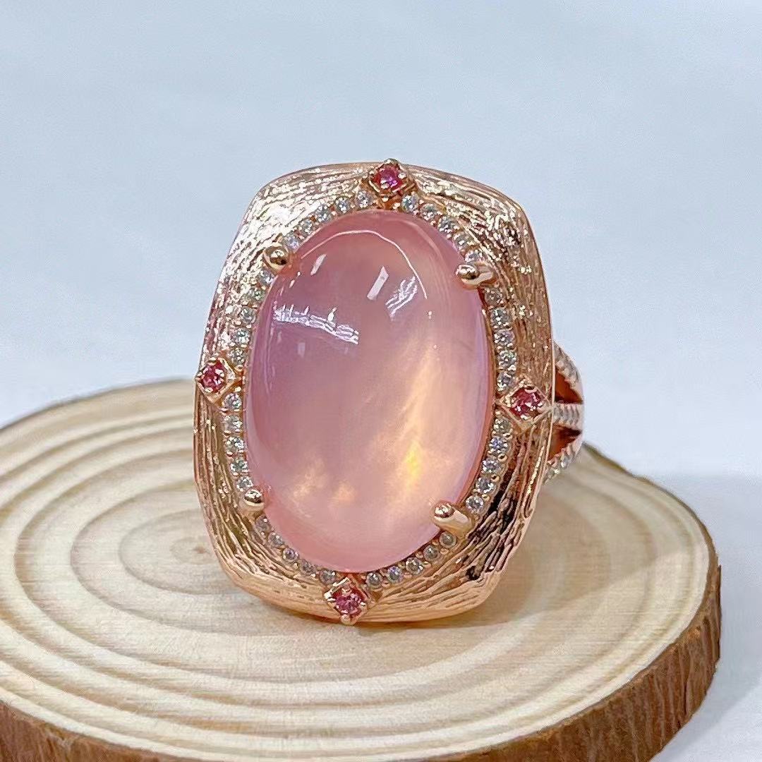 S925 Silver Plated Rose Gold Inlaid Main Stone 15*21mm Natural Rose Quartz Open Ring