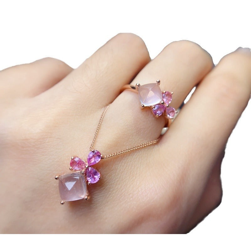 Hibiscus Stone Ring Pendant Set High-Quality Rose Quartz Gemstone Set
