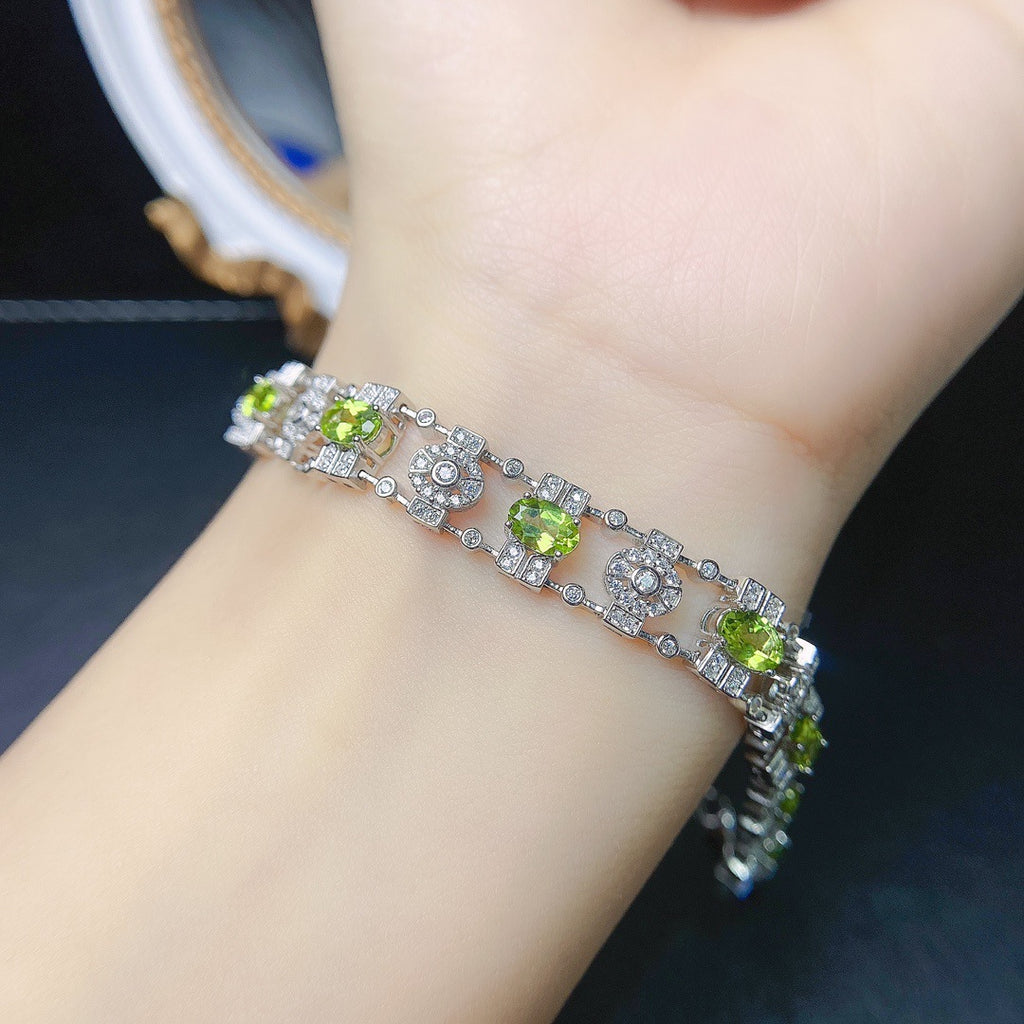 S925 Silver Inlaid Main Stone 4*6 Natural Peridot Bracelet