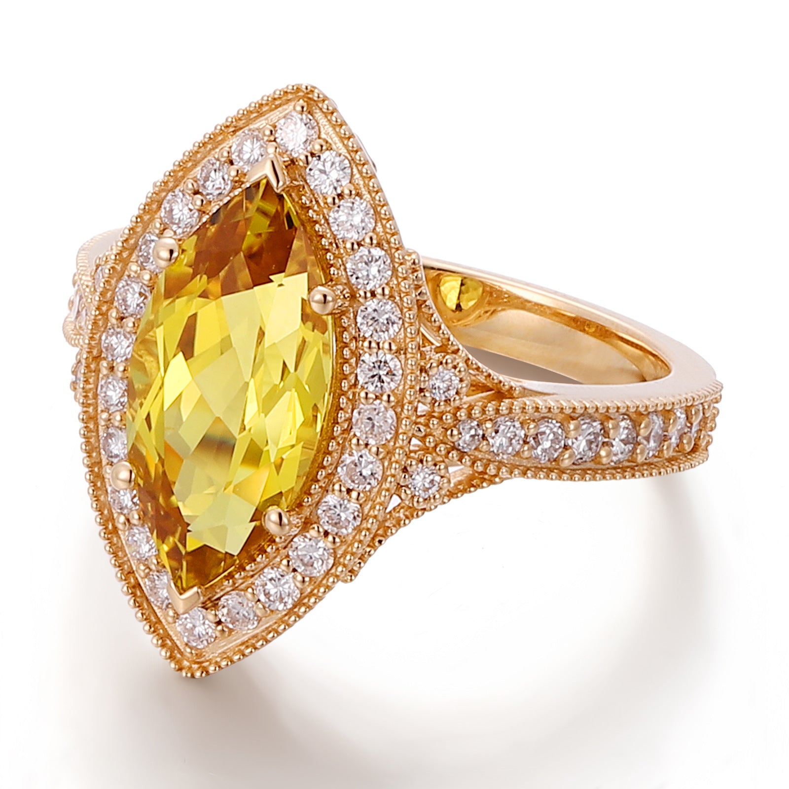 14K Gold 4ct Marquise Cultured Yellow Crystal Ring Light Luxury Vintage Gold Edge Inlaid Ring