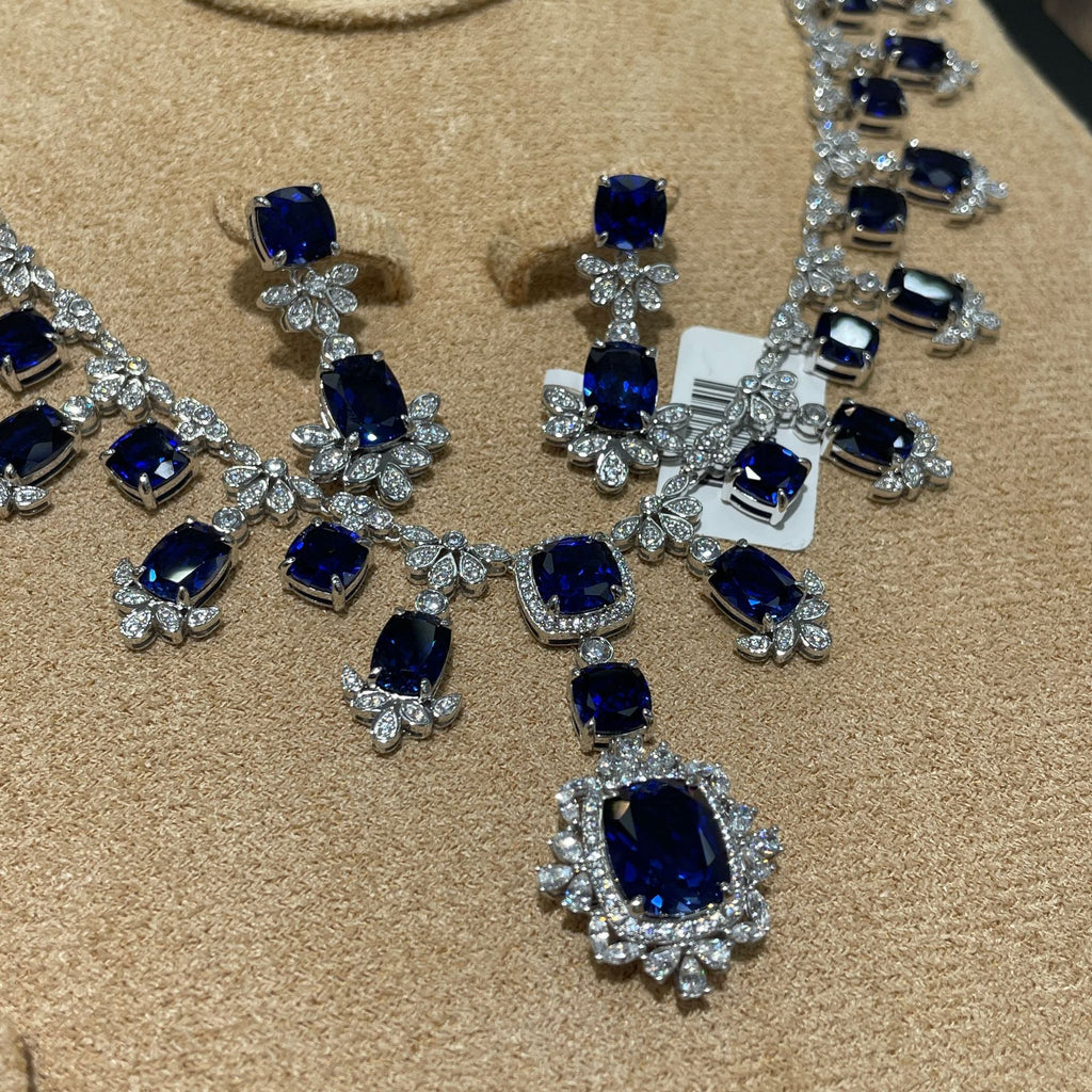 Elegant 5.5 Carat Cultivated Sapphire Pillow Shape Jewelry Set S925 Silver Ring