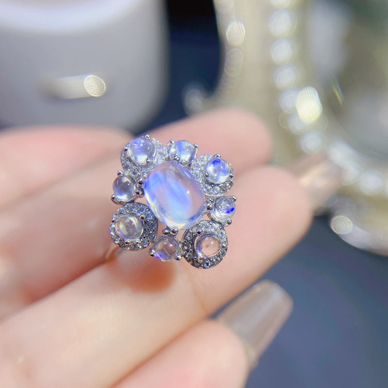 Moonstone Ring 925 Silver Inlaid with Natural Blue Moonstone Adjustable Women's Ring
