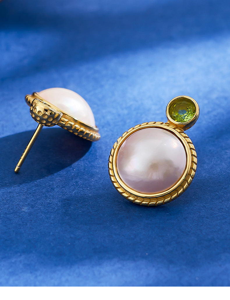S925 Silver Gold-Plated Round Cabochon Mabe Pearl Stud Earrings French Vintage Peridot Earrings