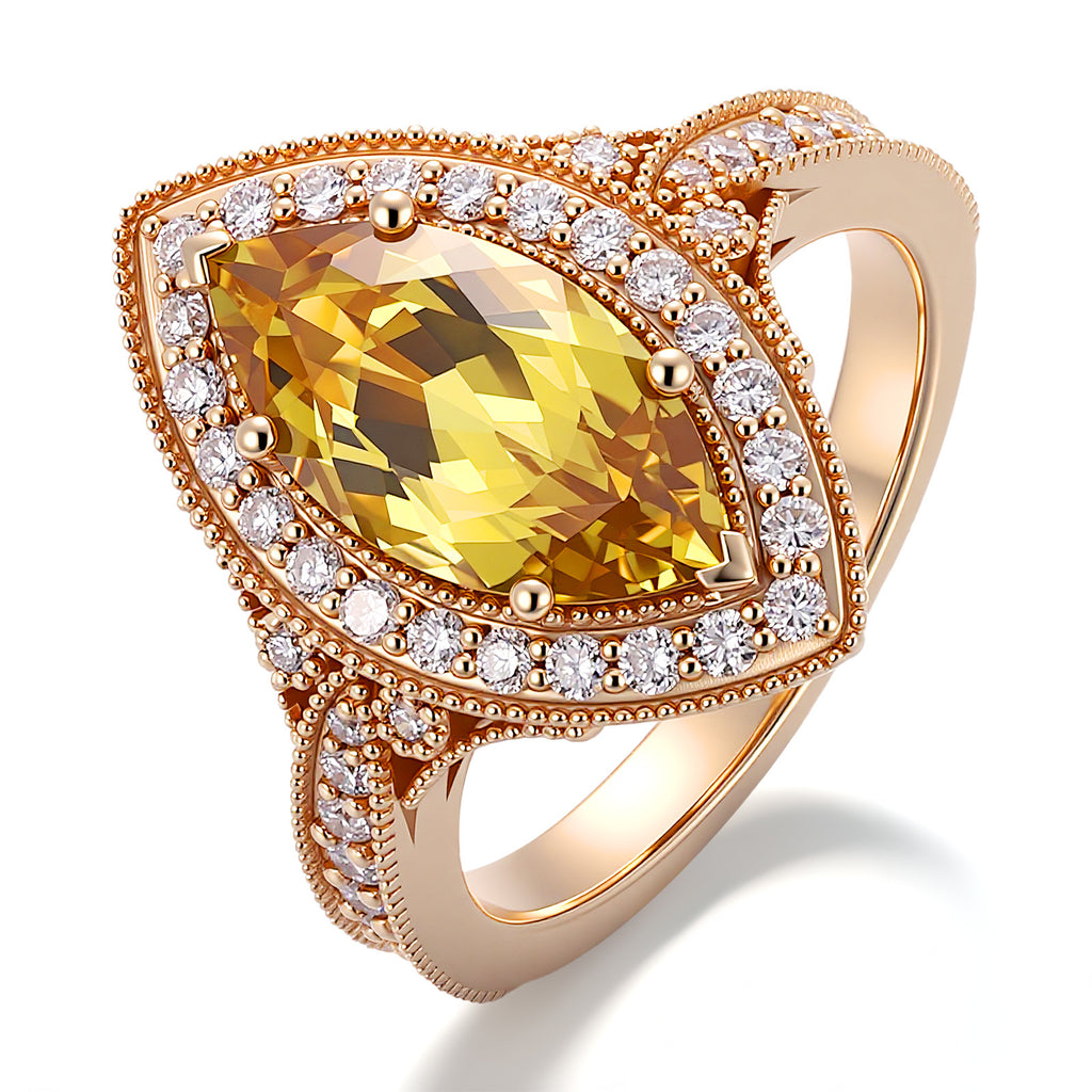14K Gold 4ct Marquise Cultured Yellow Crystal Ring Light Luxury Vintage Gold Edge Inlaid Ring