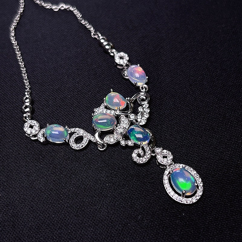 Australian Iridescent Opal Chain 925 Silver Inlaid with Dazzling Natural Fire Opal Collarbone Chain