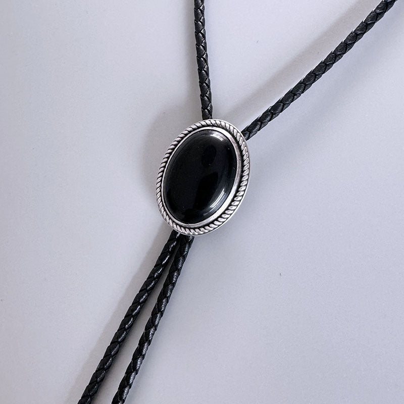 <Obsidian> Original S999 Sterling Silver Inlaid Natural Obsidian Bolo Tie