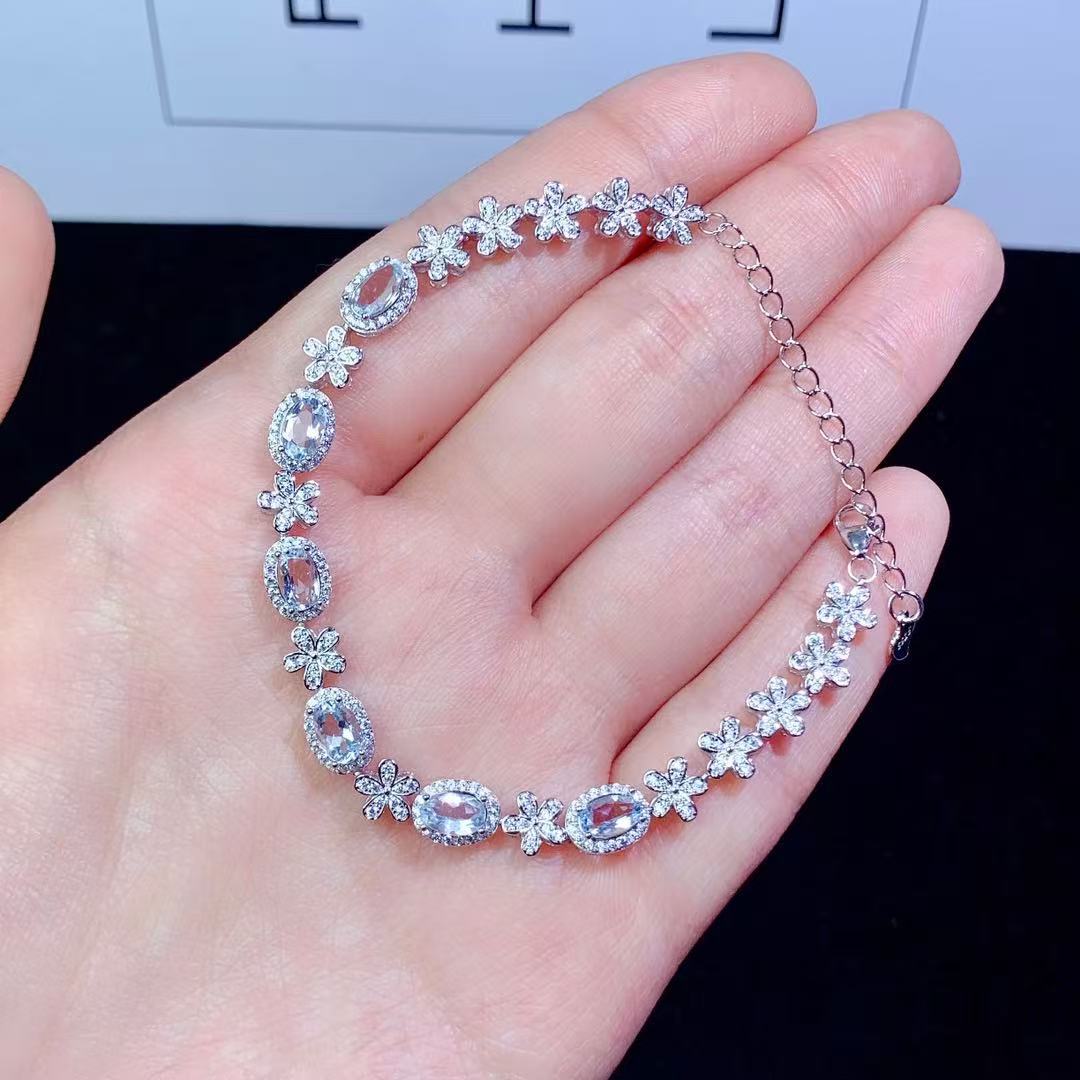 925 Sterling Silver Inlaid Flower Exquisite Niche Design Colorful Gemstone Natural Aquamarine Bracelet
