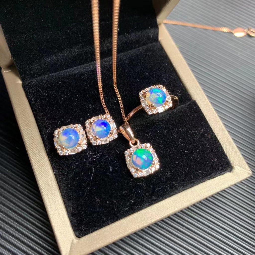 Natural Opal Set 925 Silver Inlaid Pendant Ring Jewelry for Women Gift for Girlfriend Live Supply