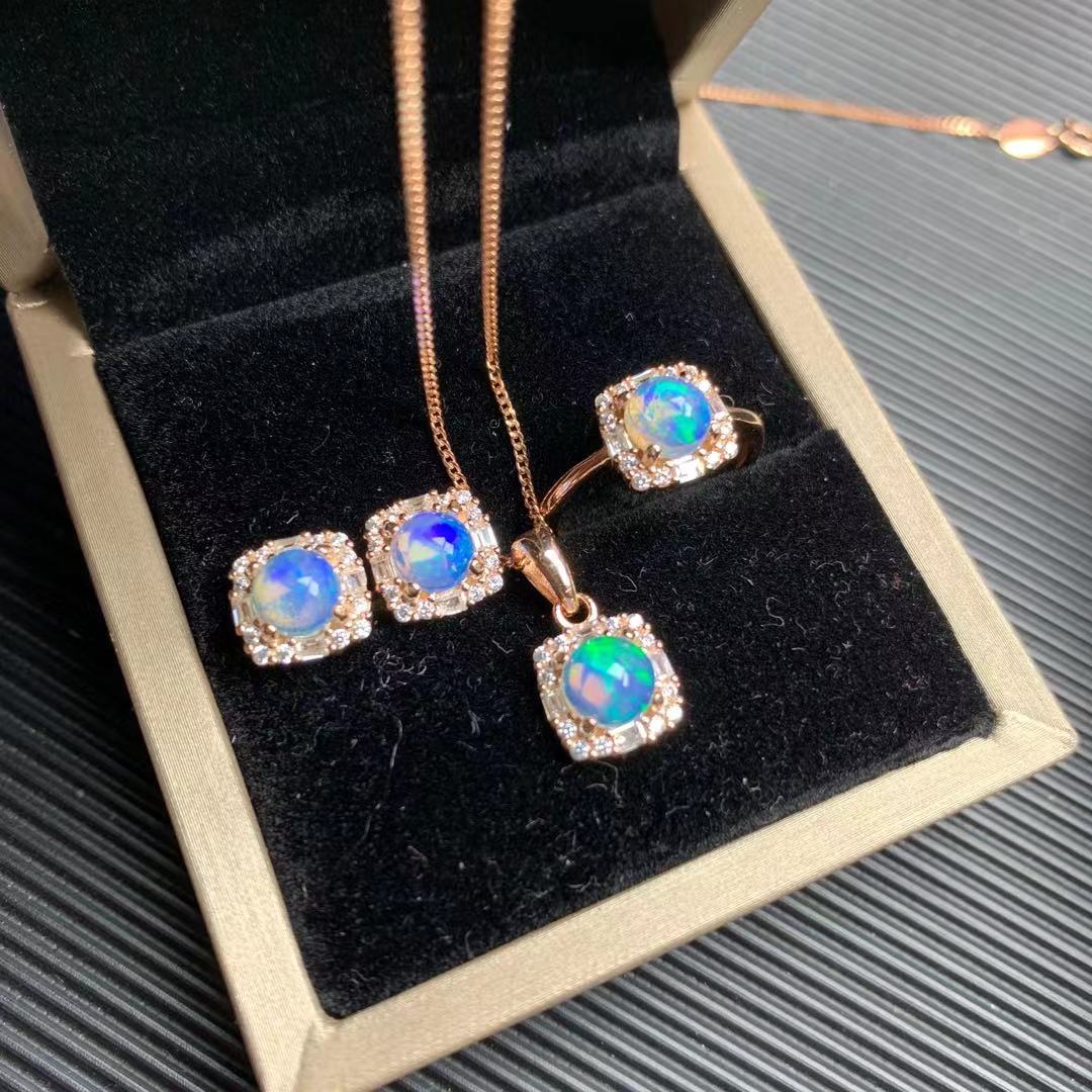 Natural Opal Set 925 Silver Inlaid Pendant Ring Jewelry for Women Gift for Girlfriend Live Supply