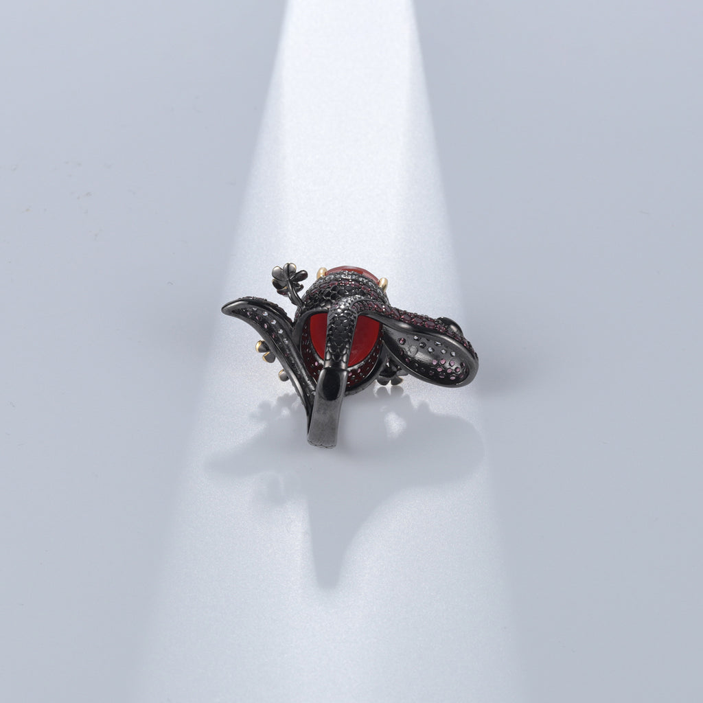 925 Silver Gemstone Inlaid Red Agate Flower Ring Jewelry Set