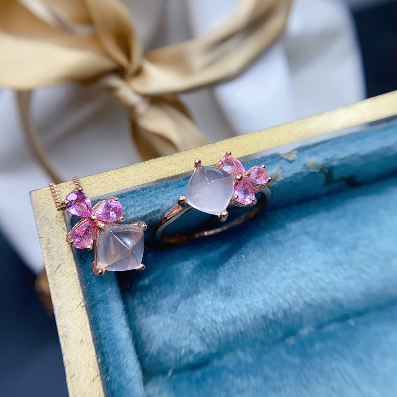 Hibiscus Stone Ring Pendant Set High-Quality Rose Quartz Gemstone Set