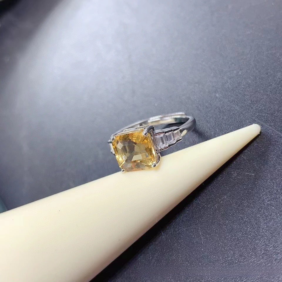 S925 Sterling Silver Jewelry Simple and Elegant Natural Yellow Crystal Princess Cut Ring