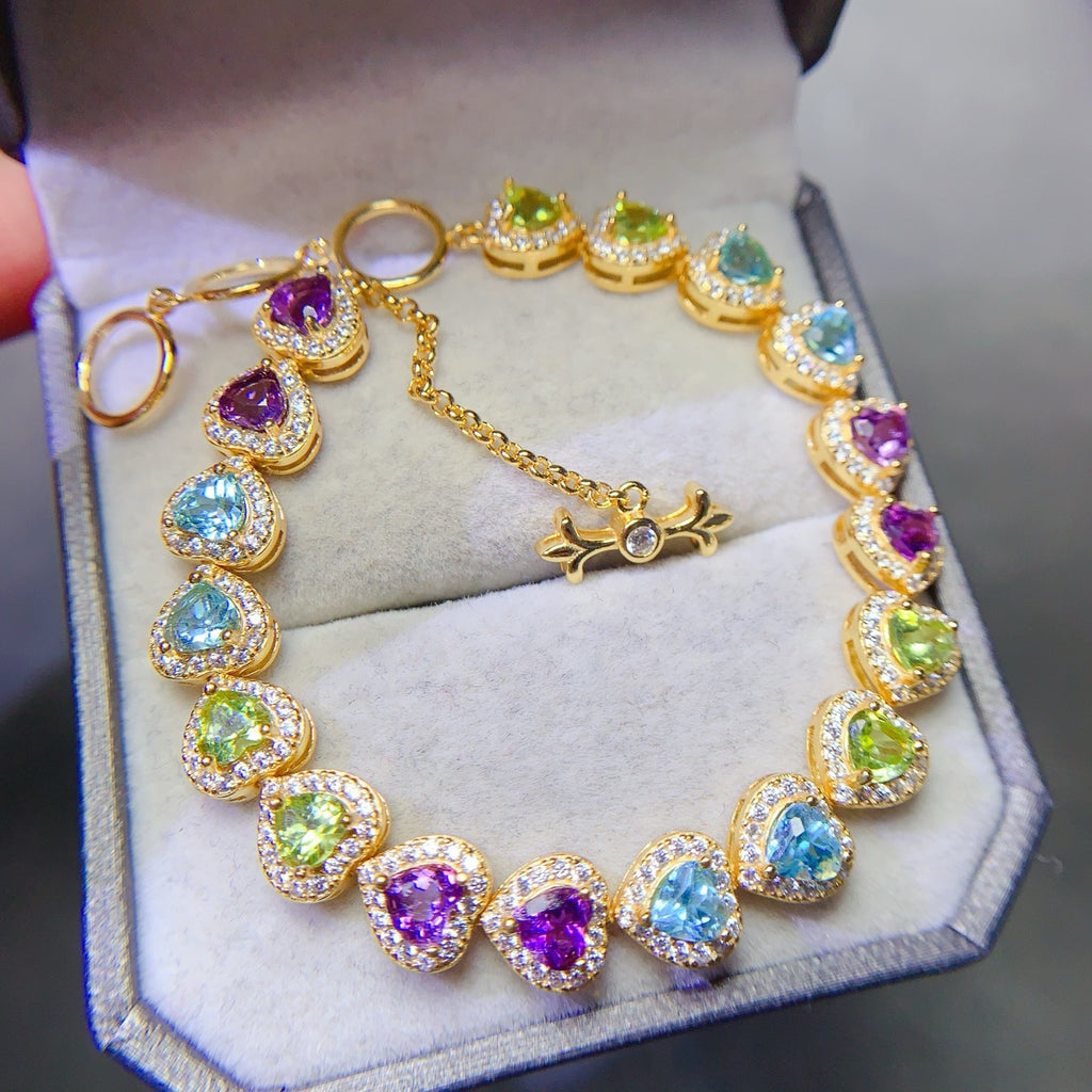 925 Silver Fine Craft Inlaid 4*4mm Natural Swiss Blue Topaz Olive Amethyst Bracelet