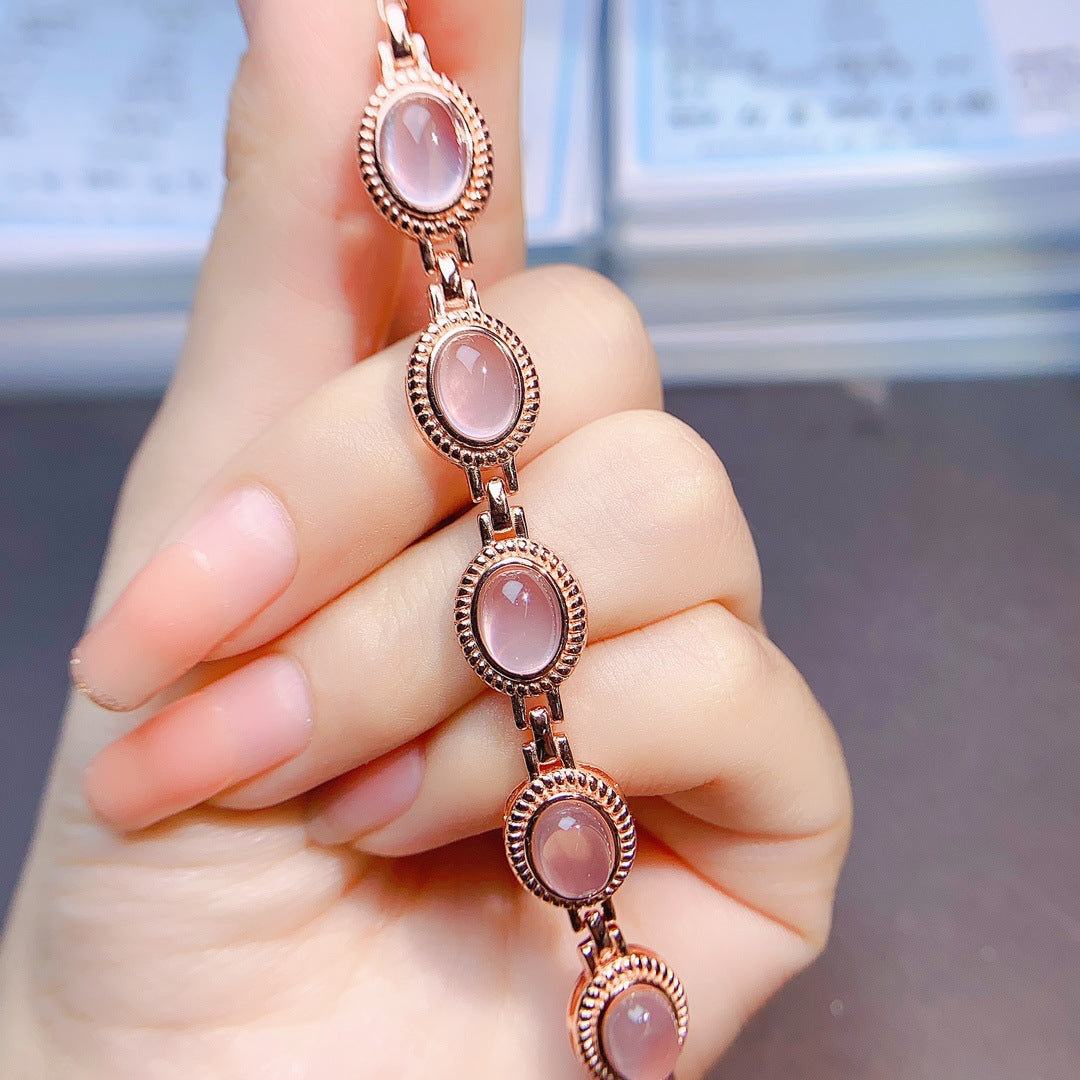 S925 Silver Inlaid Main Stone 7*9 Natural Pink Crystal Bracelet