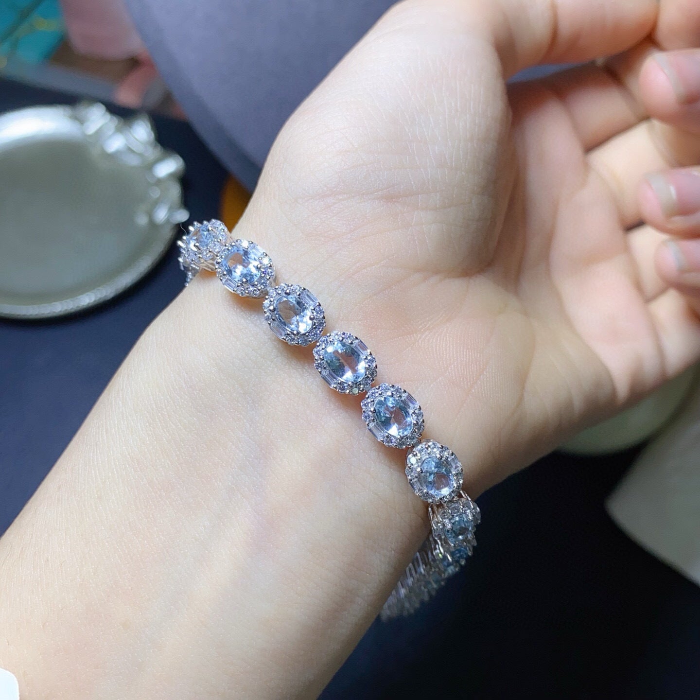 925 Silver Fine Craft Setting Inlaid 4x6mm Exquisite Temperament Style Natural Aquamarine Bracelet