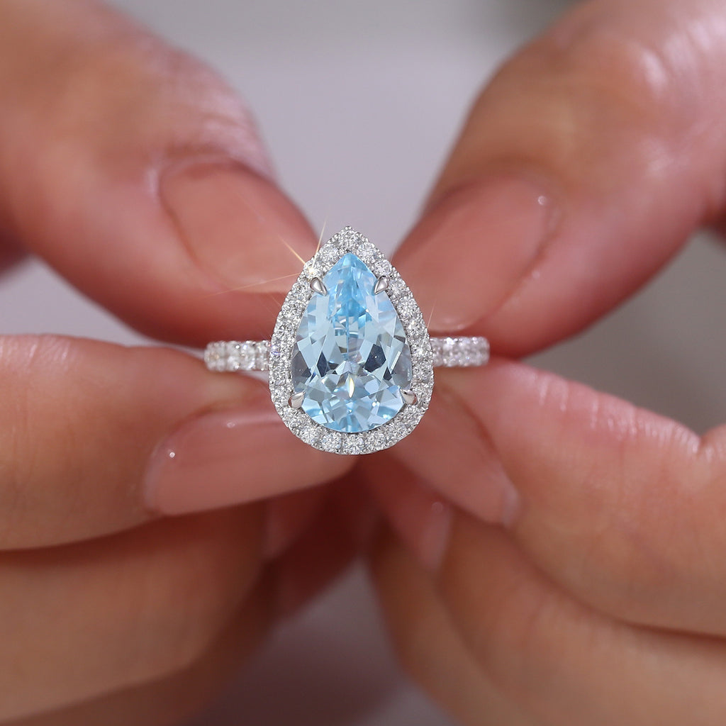 Aquamarine Ring 14K White Gold 3 Carat Drop Shape Cultured Gemstone Ring