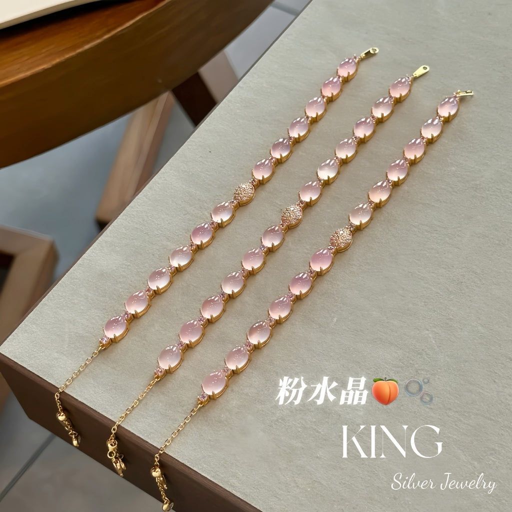 Peerless Beauty| S925 Silver Gold-Plated Cabochon Gradient Peach Pink Crystal Ultra Heavy Fashion High-End Pure Silver Bracelet