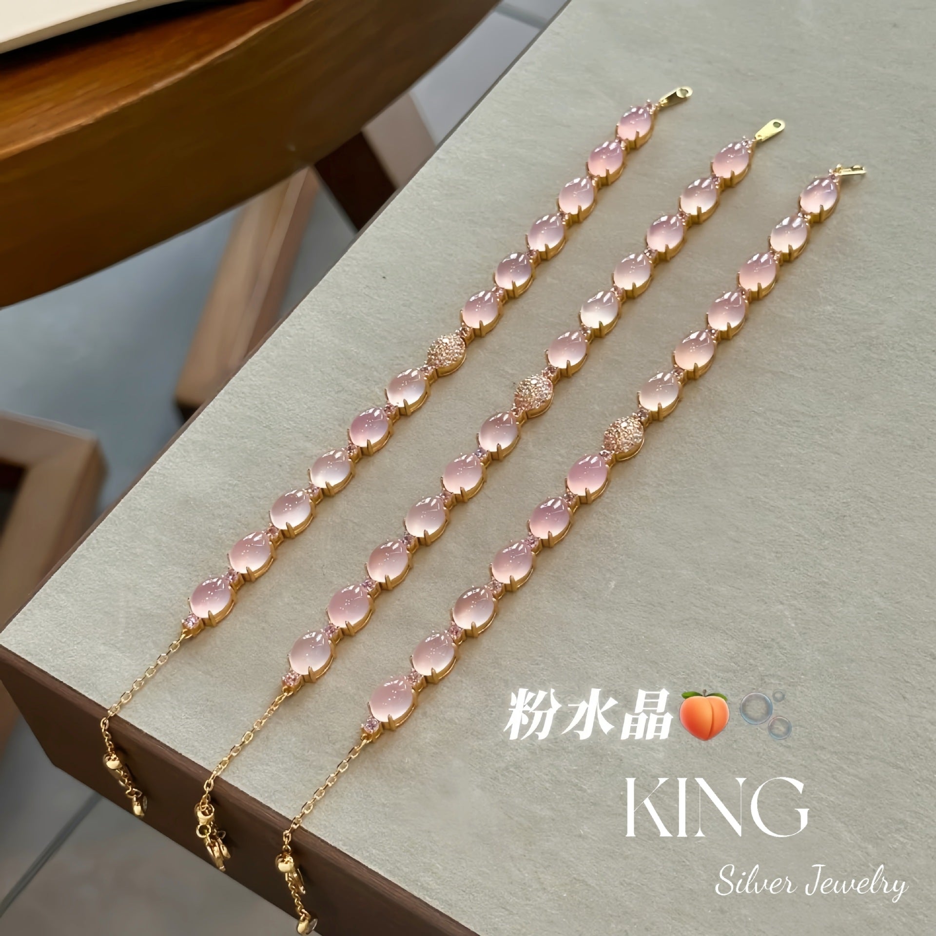 Peerless Beauty| S925 Silver Gold-Plated Cabochon Gradient Peach Pink Crystal Ultra Heavy Fashion High-End Pure Silver Bracelet