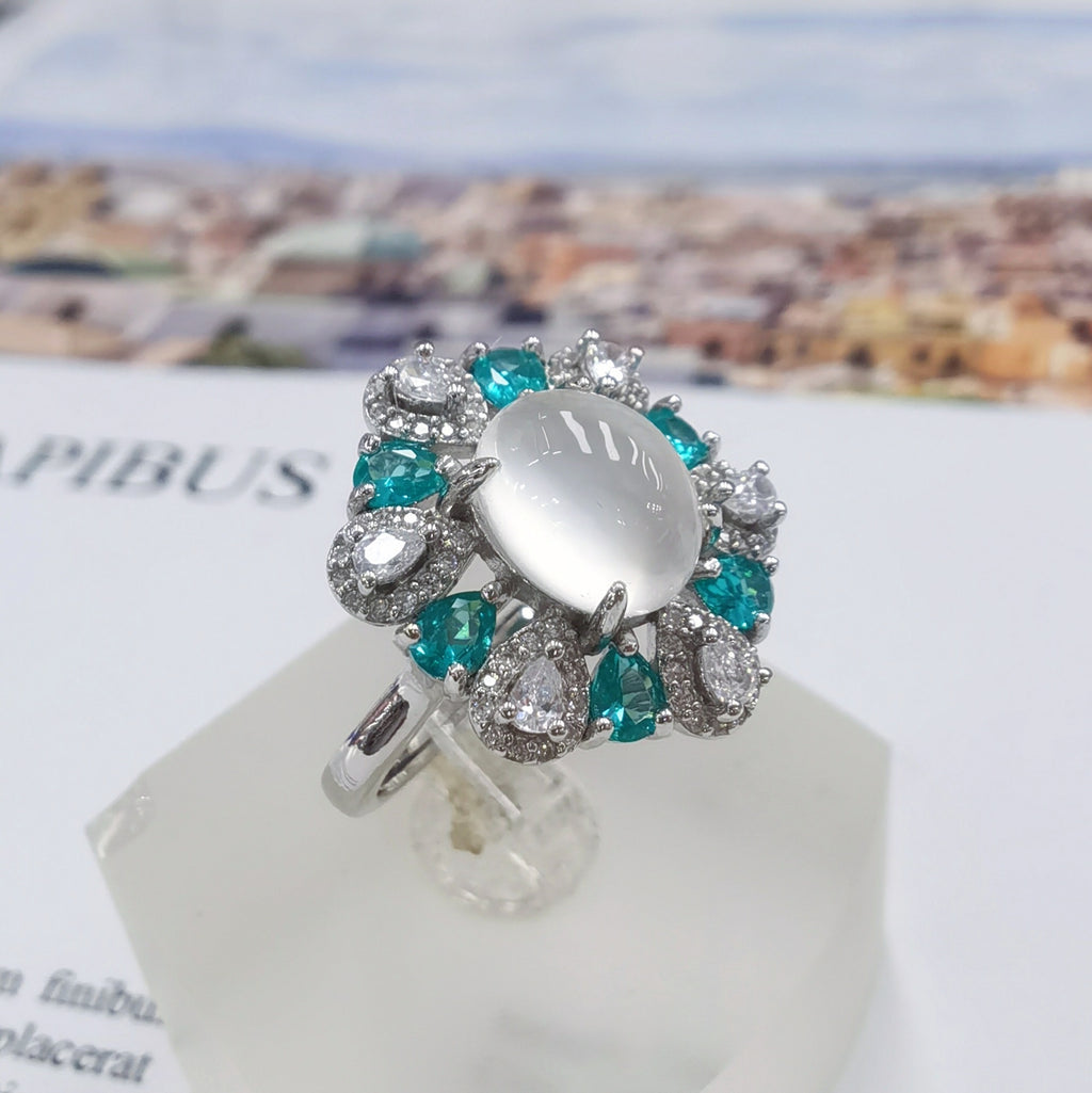 S925 Silver Platinum Plated Inlaid Moonstone Pendant Ring Jewelry Set