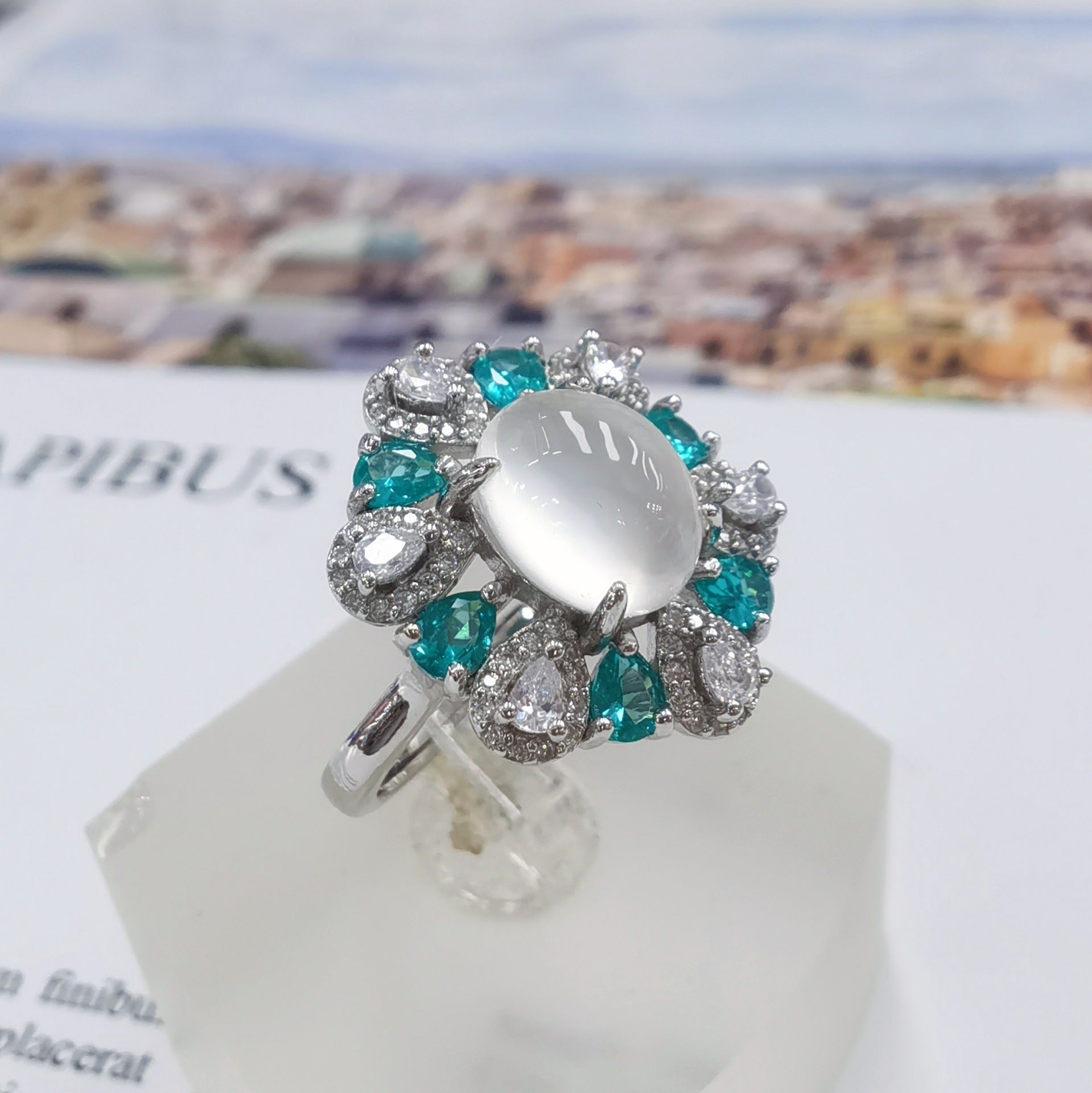 S925 Silver Platinum Plated Inlaid Moonstone Pendant Ring Jewelry Set