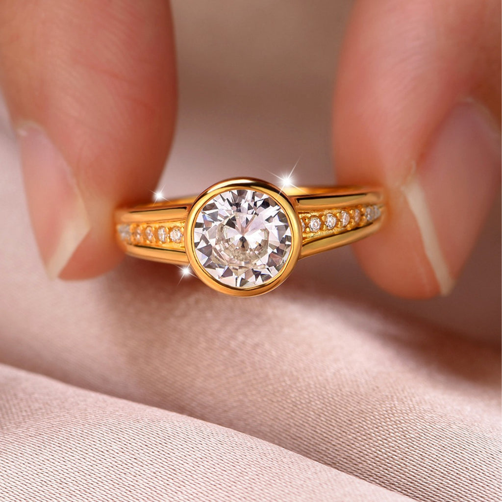 S925 Silver Moissanite Ring Round Main Stone Bezel Design Arm Setting Stone Gold Simple Versatile Women's Hot Sale