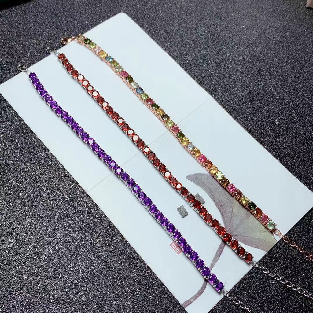 Colorful Gemstone Bracelet Natural Garnet Amethyst Tourmaline 925 Silver Single Circle Bracelet